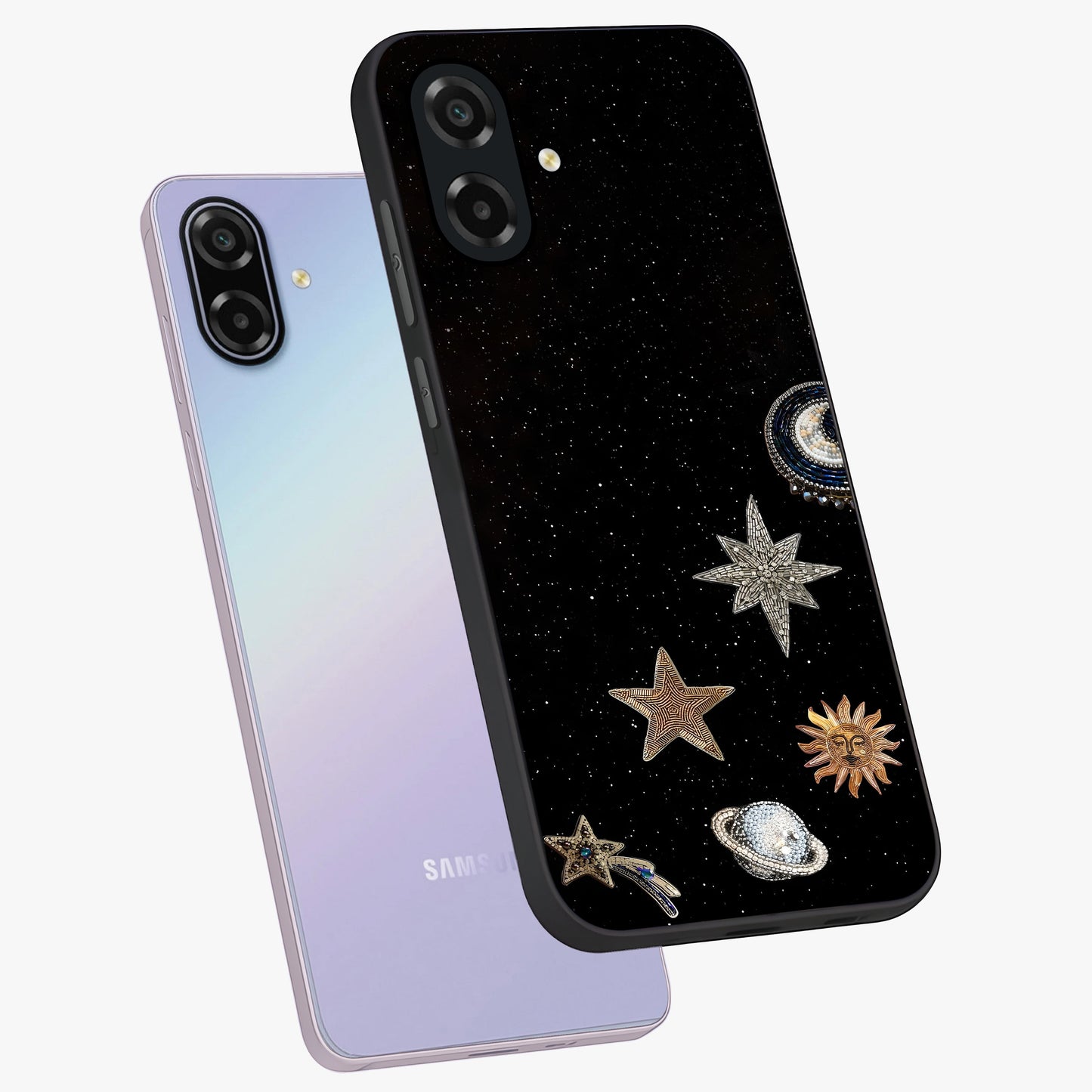 Galactic Charm Glow Glass Case displayed in angled mockup highlighting luminous galaxy inspired design with dreamy aesthetic.