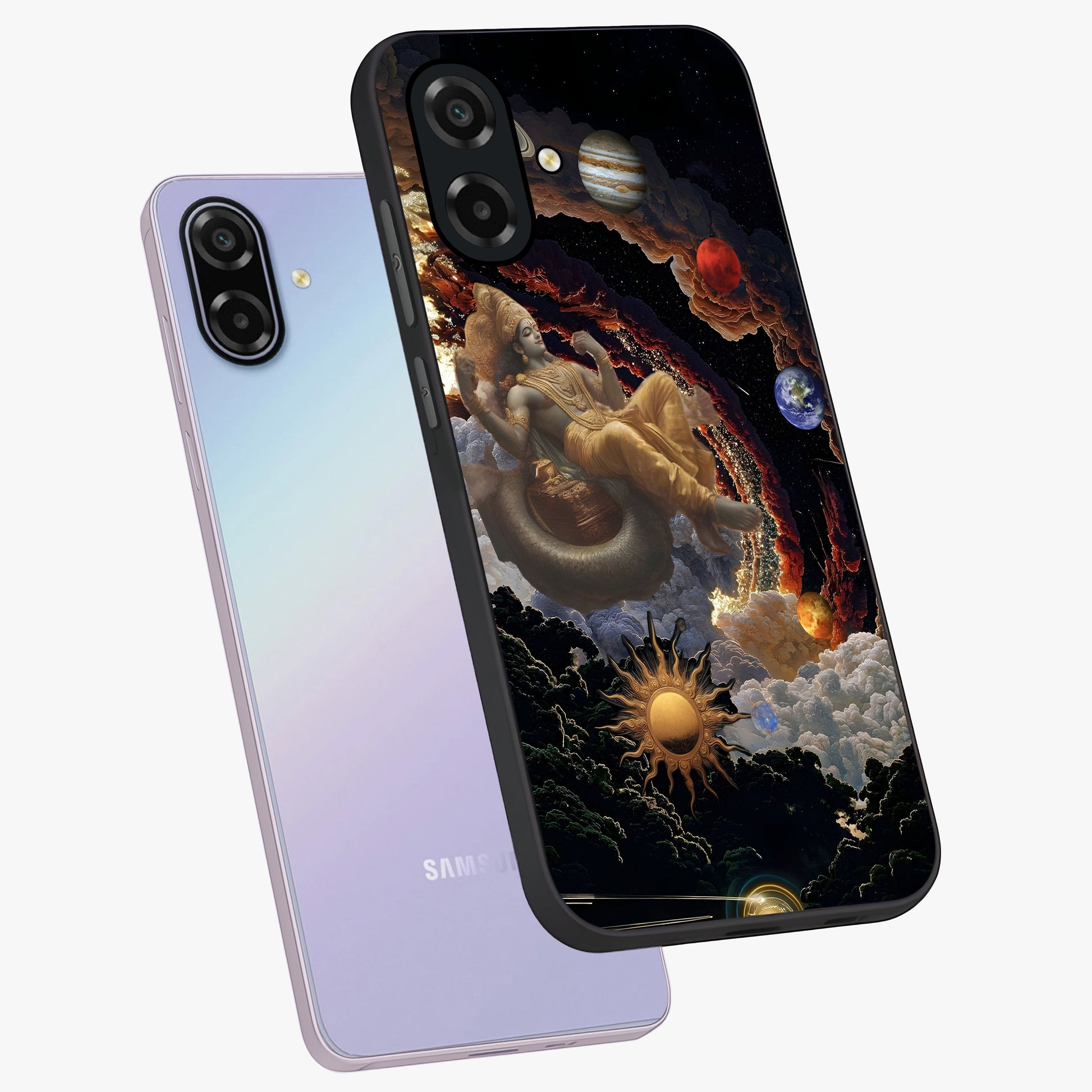 Galactic Divine God Glass Case displayed in angled mockup highlighting powerful celestial deity illustration with galactic aesthetic.