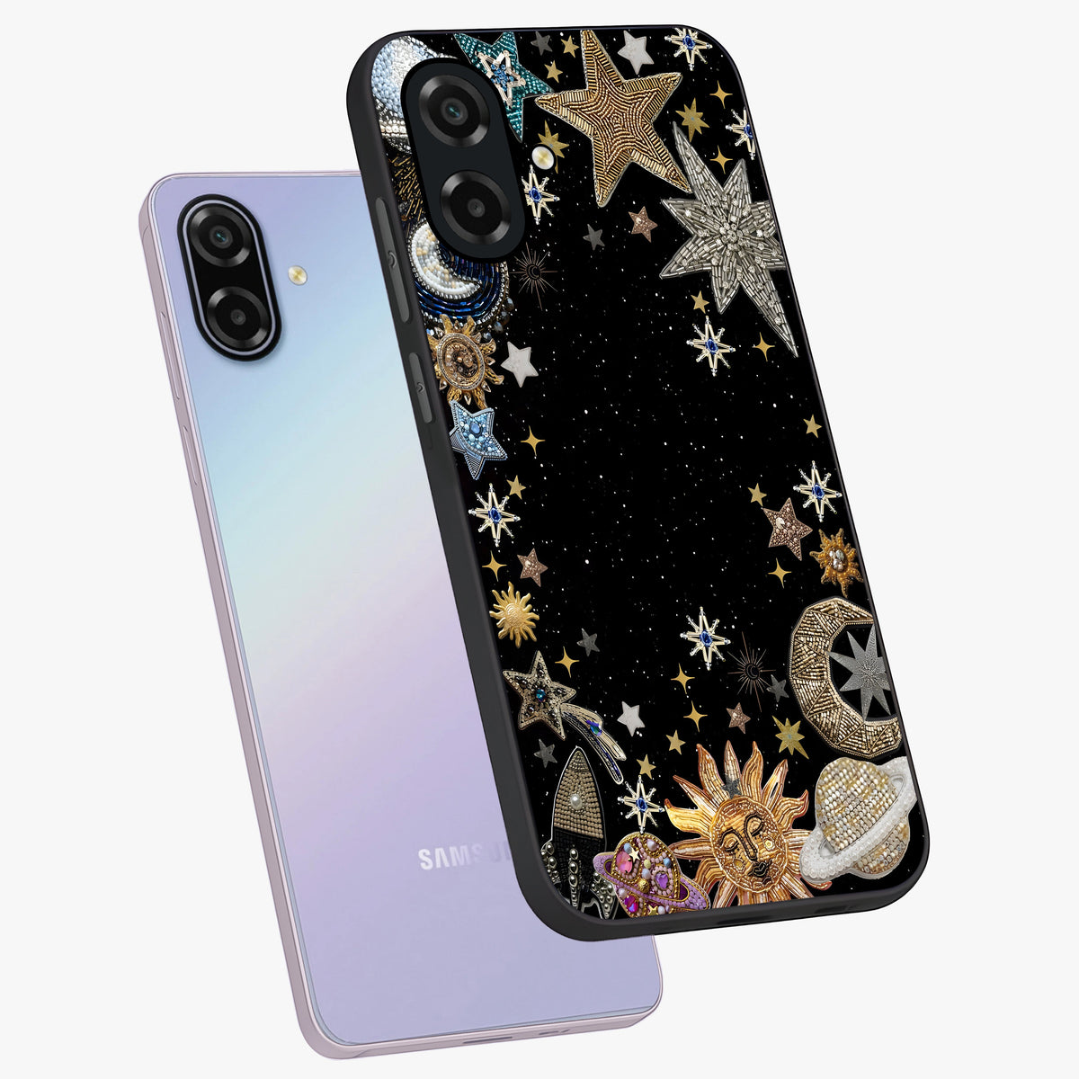 Galactic Jewel Stars Glass Case displayed in angled mockup highlighting shining celestial star design with cosmic aesthetic style.