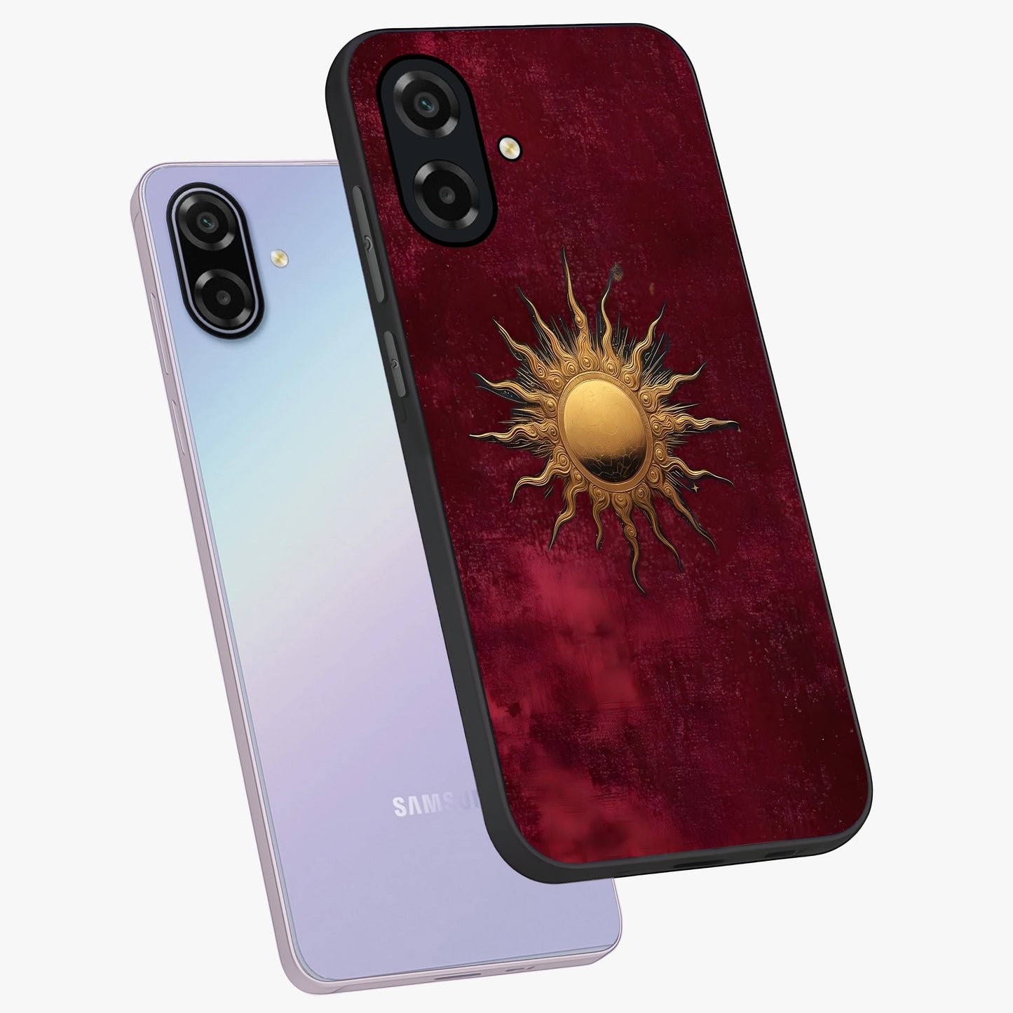 Golden Sun Minimalism Glass Case displayed in angled mockup highlighting clean sun symbol design with modern minimal aesthetic.