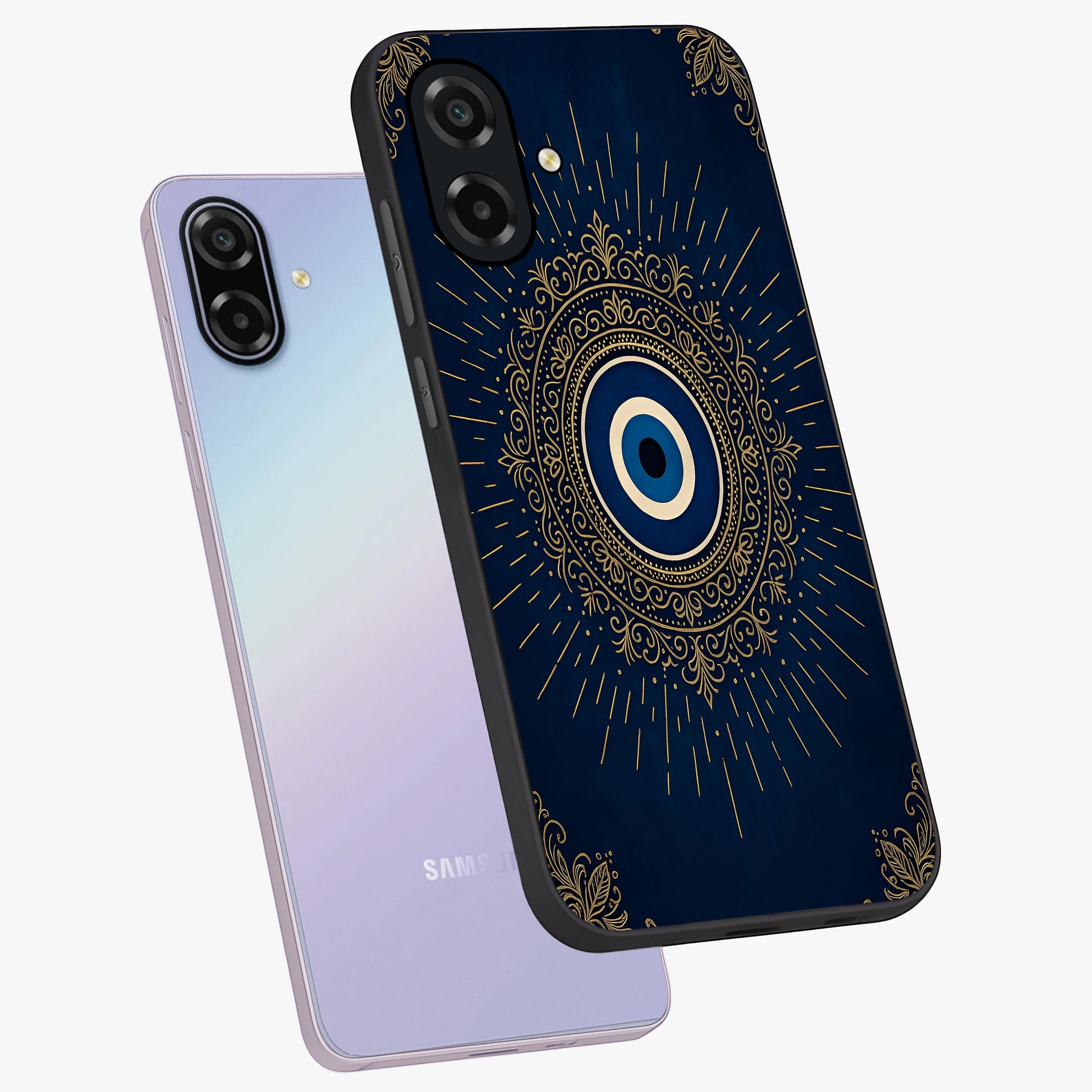 Golden Celestial Charm Glass Case displayed in angled mockup highlighting sparkling cosmic charm design with celestial aesthetic.