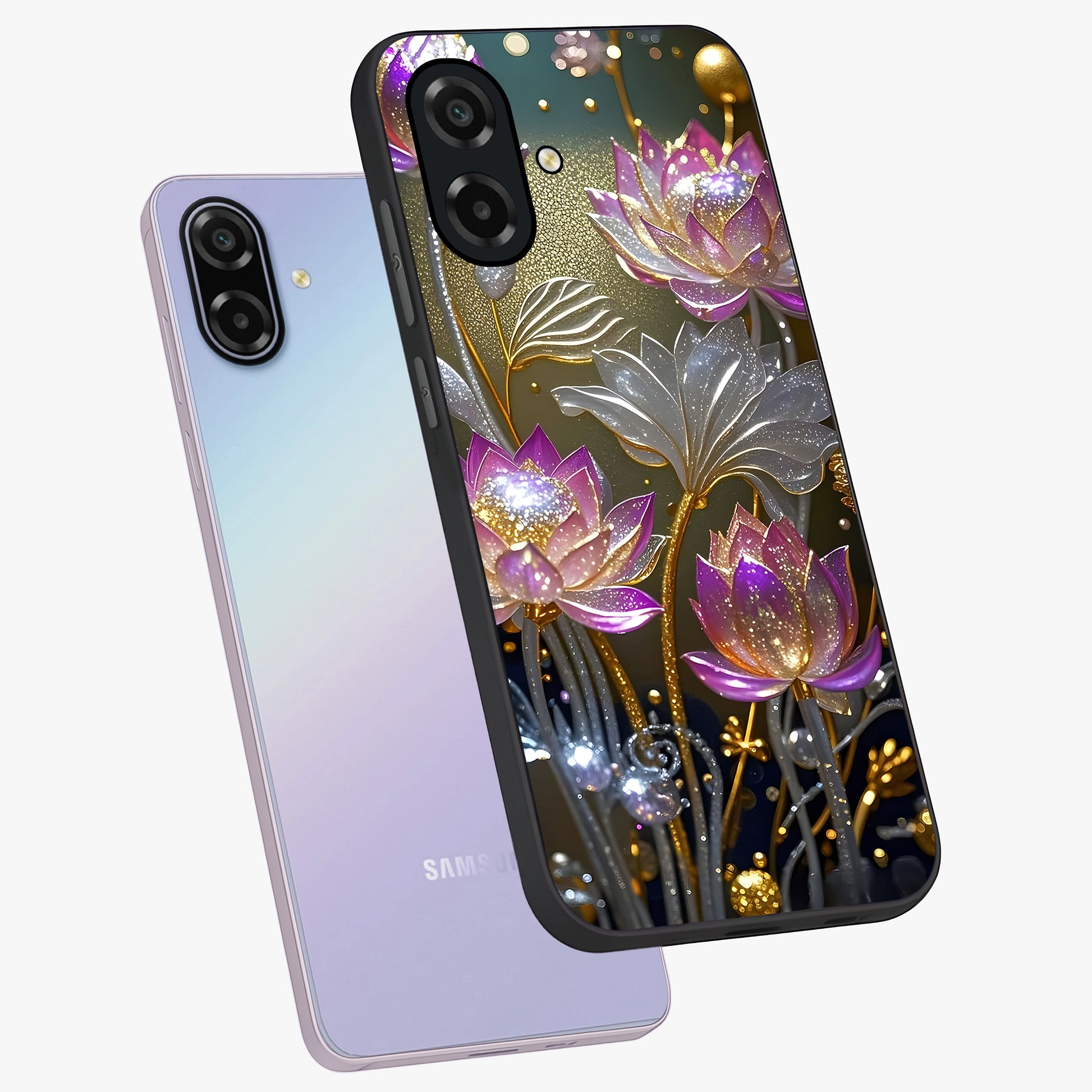 Golden Floral Majesty Glass Case displayed in angled mockup highlighting elegant flower design with royal golden aesthetic.