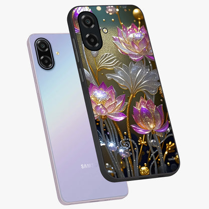 Golden Floral Majesty Glass Case displayed in angled mockup highlighting elegant flower design with royal golden aesthetic.