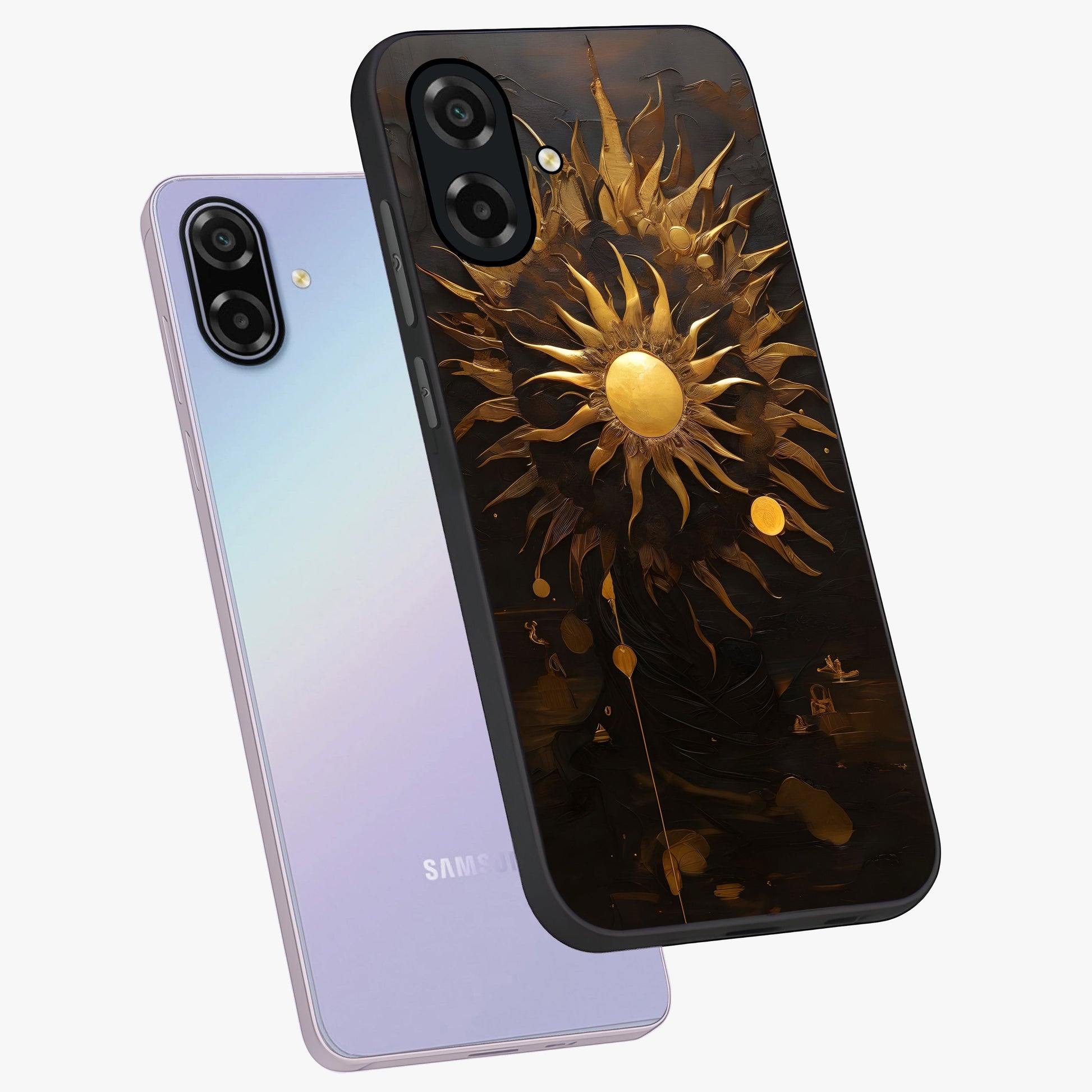 Golden Sun Majesty Glass Case displayed in angled mockup highlighting eerie shadow illustration with gothic aesthetic.