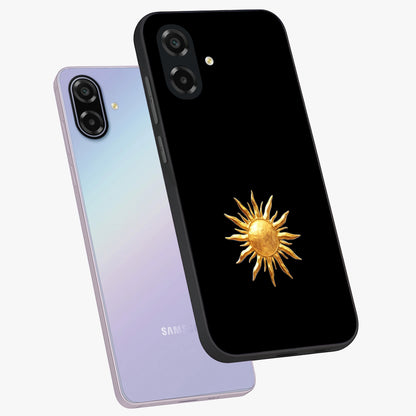Golden Sun Minimalism Glass Case displayed in angled mockup highlighting eerie shadow illustration with gothic aesthetic.