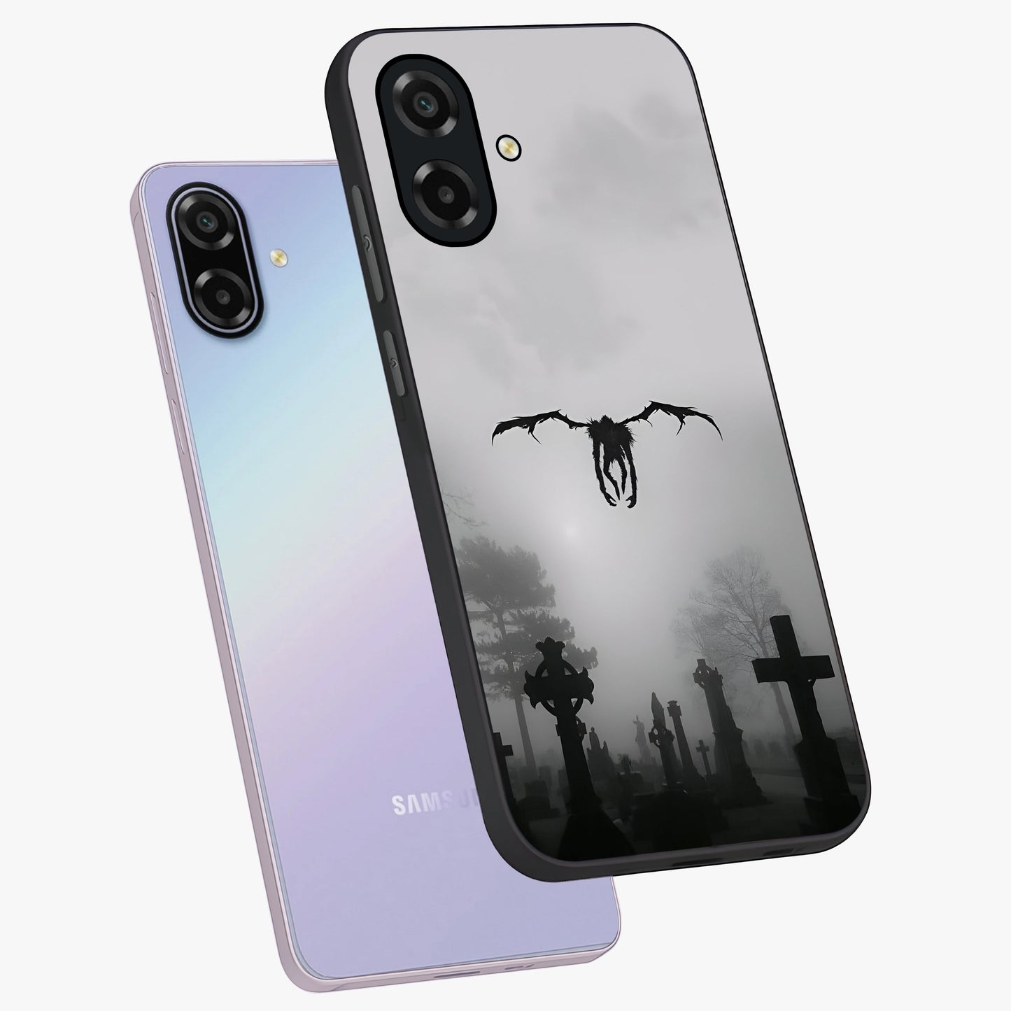 Graveyard Shadow Descent Glass Case displayed in angled mockup highlighting eerie shadow illustration with gothic aesthetic.