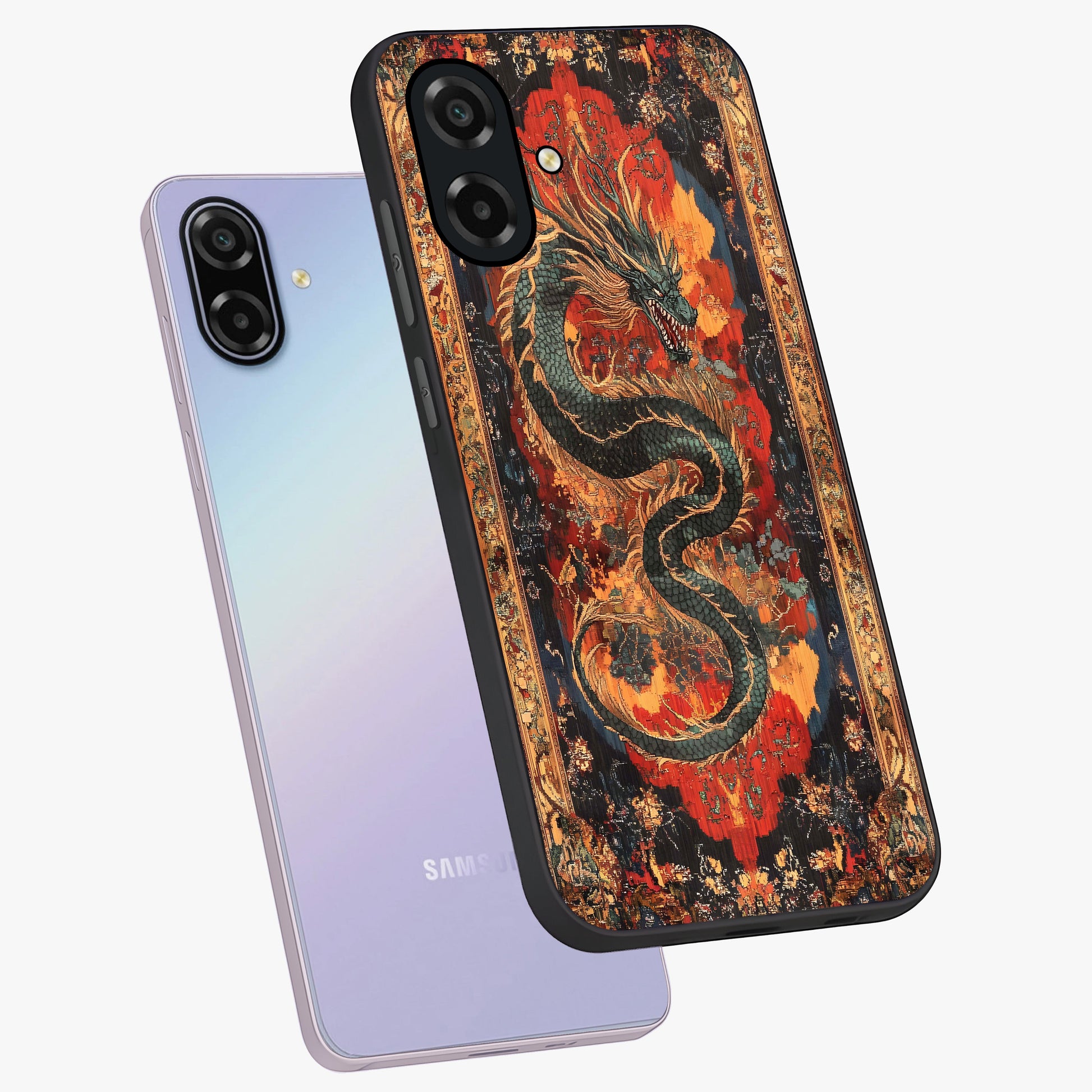 Inferno Dragon Soul Glass Case displayed in angled mockup highlighting powerful dragon illustration with inferno aesthetic.