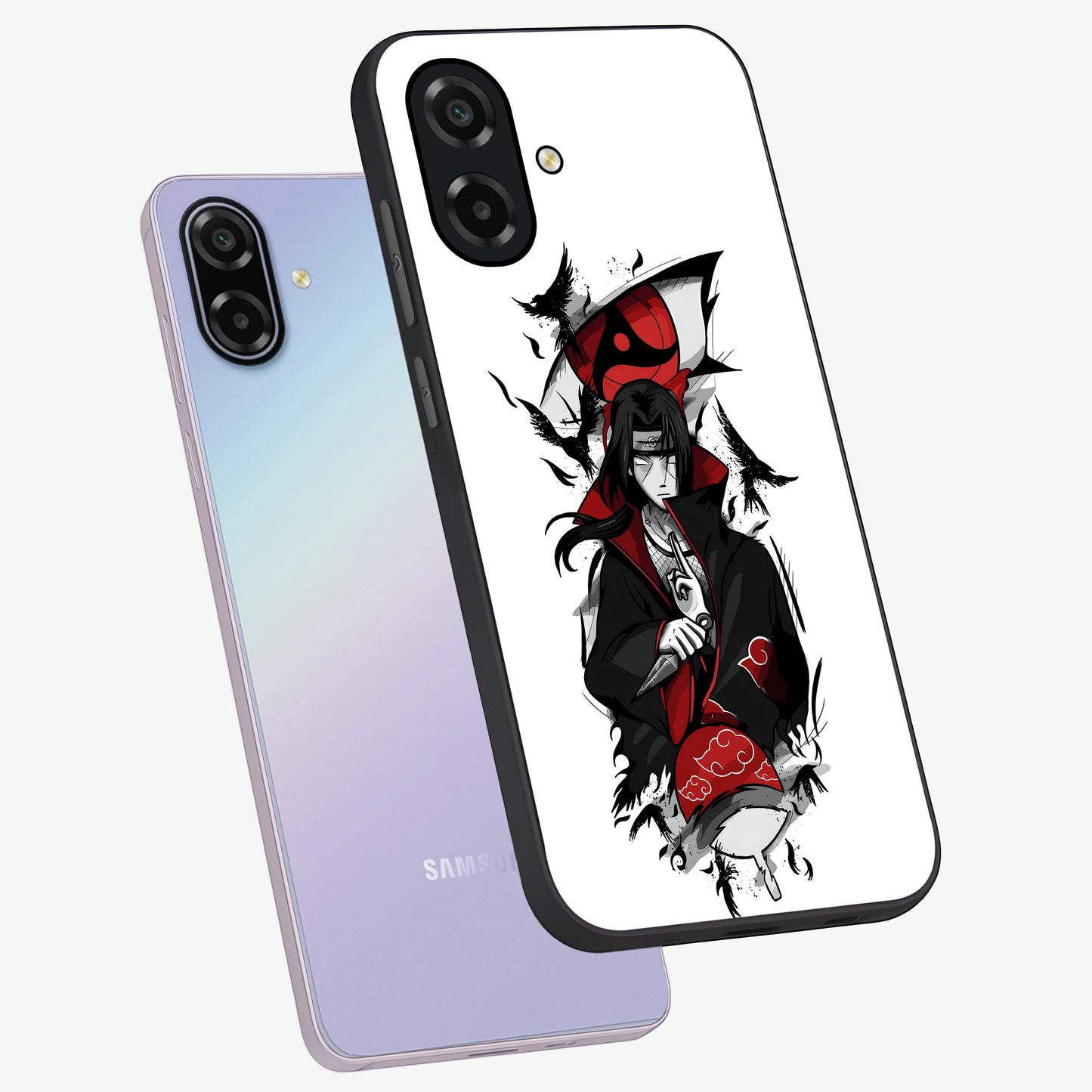 Itachi Limited Edition Naruto Anime Glass Case displayed in angled mockup highlighting dramatic anime illustration with bold action aesthetic.