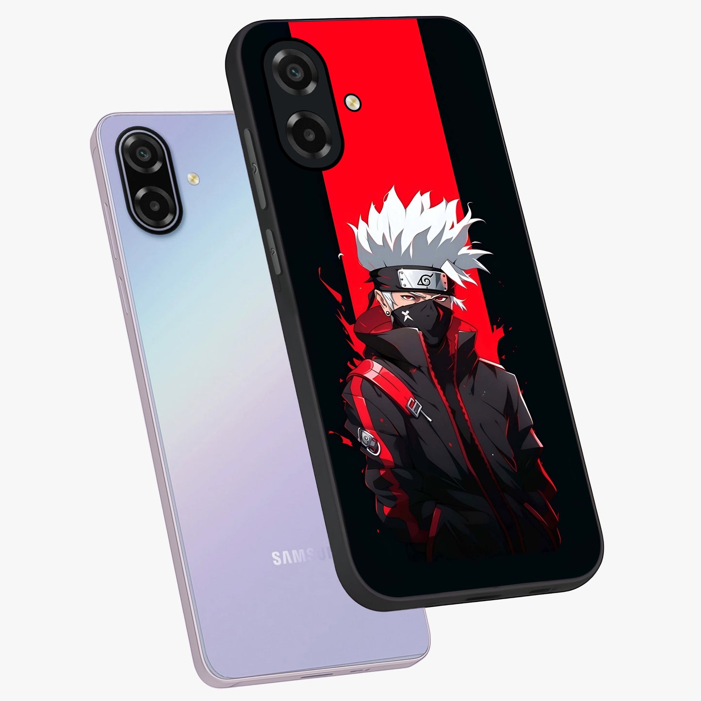 Kakashi Scarlet Shadow Glass Case displayed in angled mockup highlighting dramatic ninja illustration with scarlet themed aesthetic.