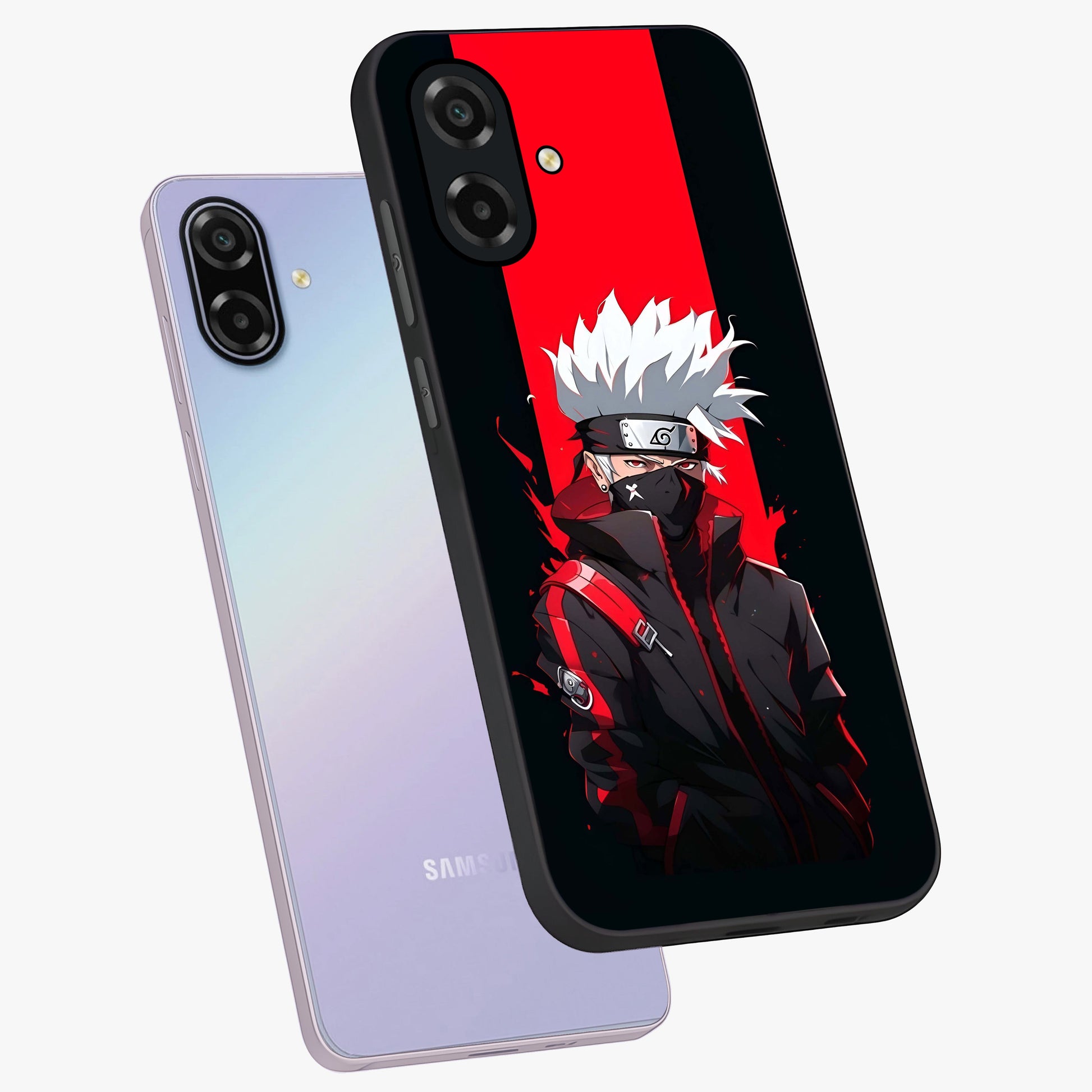Kakashi Scarlet Shadow Glass Case displayed in angled mockup highlighting dramatic ninja illustration with scarlet themed aesthetic.