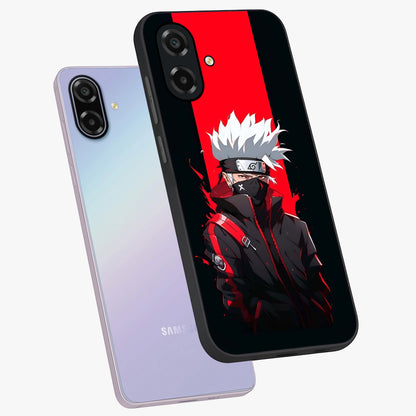 Kakashi Scarlet Shadow Glass Case displayed in angled mockup highlighting dramatic ninja illustration with scarlet themed aesthetic.