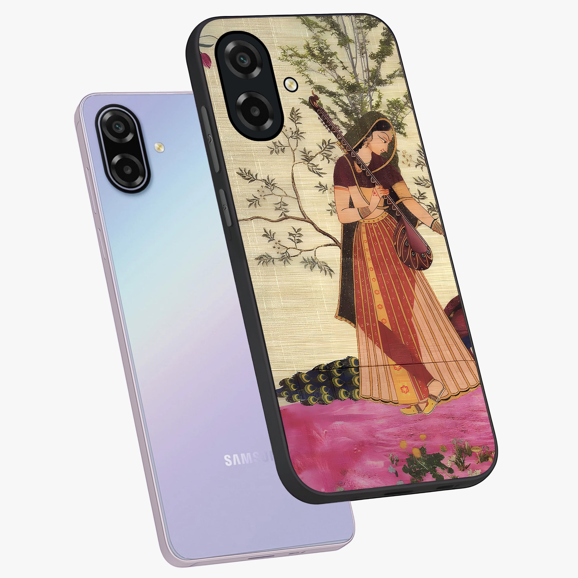 Lady With Veena Art Glass Case displayed in angled mockup highlighting graceful musical illustration with cultural artistic aesthetic.