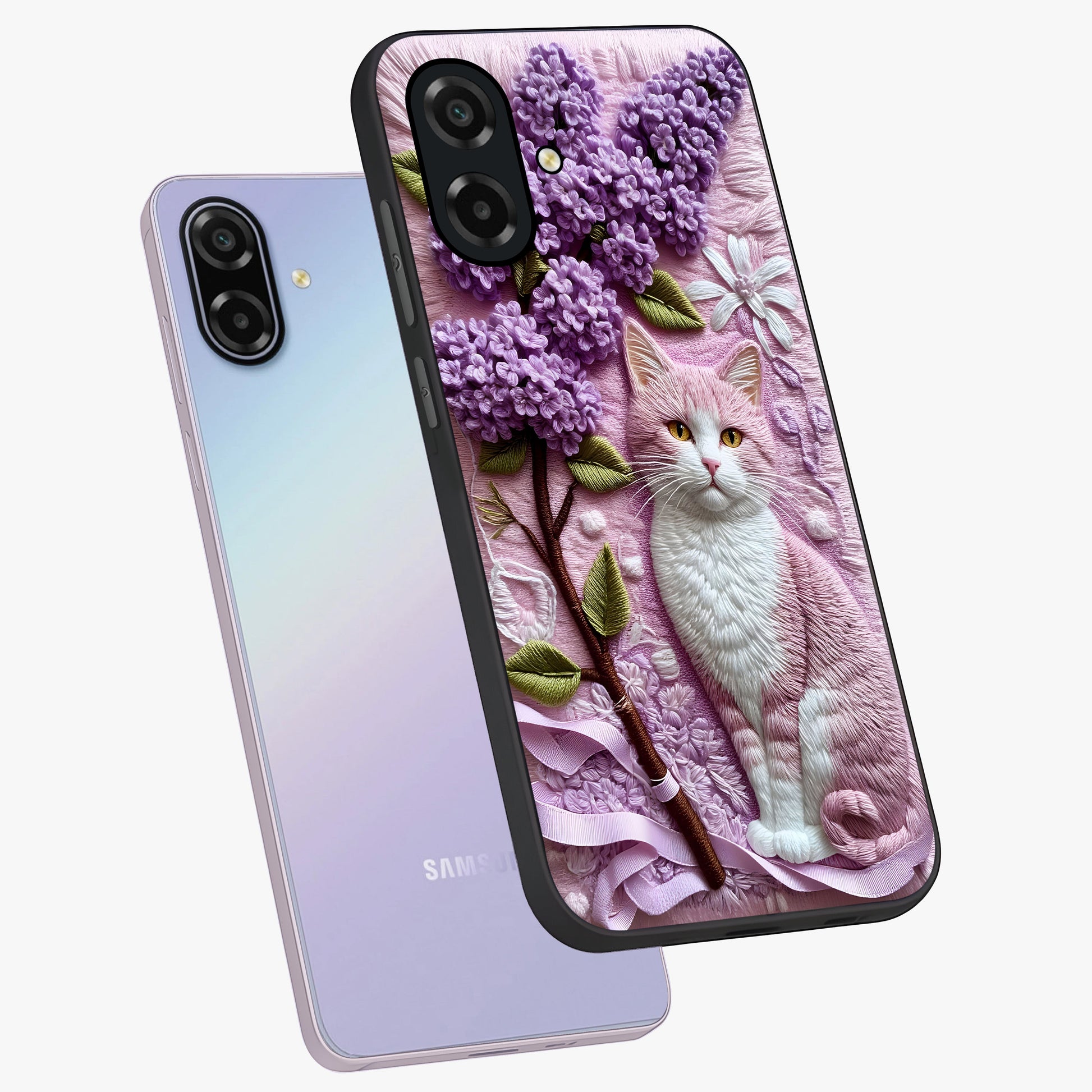 Lavender Cat Whimsy Glass Case displayed in angled mockup highlighting playful feline illustration with pastel lavender aesthetic.