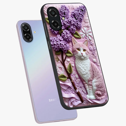 Lavender Cat Whimsy Glass Case displayed in angled mockup highlighting playful feline illustration with pastel lavender aesthetic.