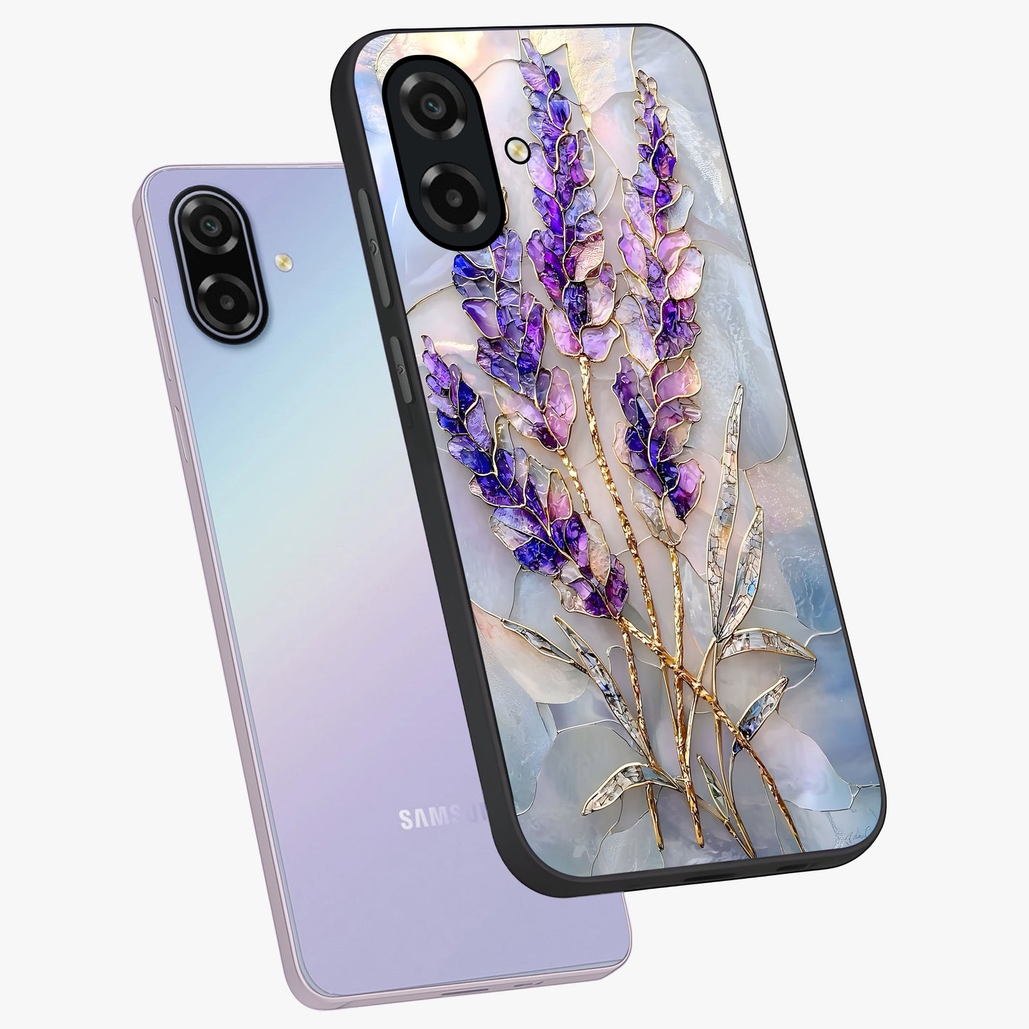 Lavender Dream Glow Glass Case displayed in angled mockup highlighting dreamy purple glow design with soft artistic style.