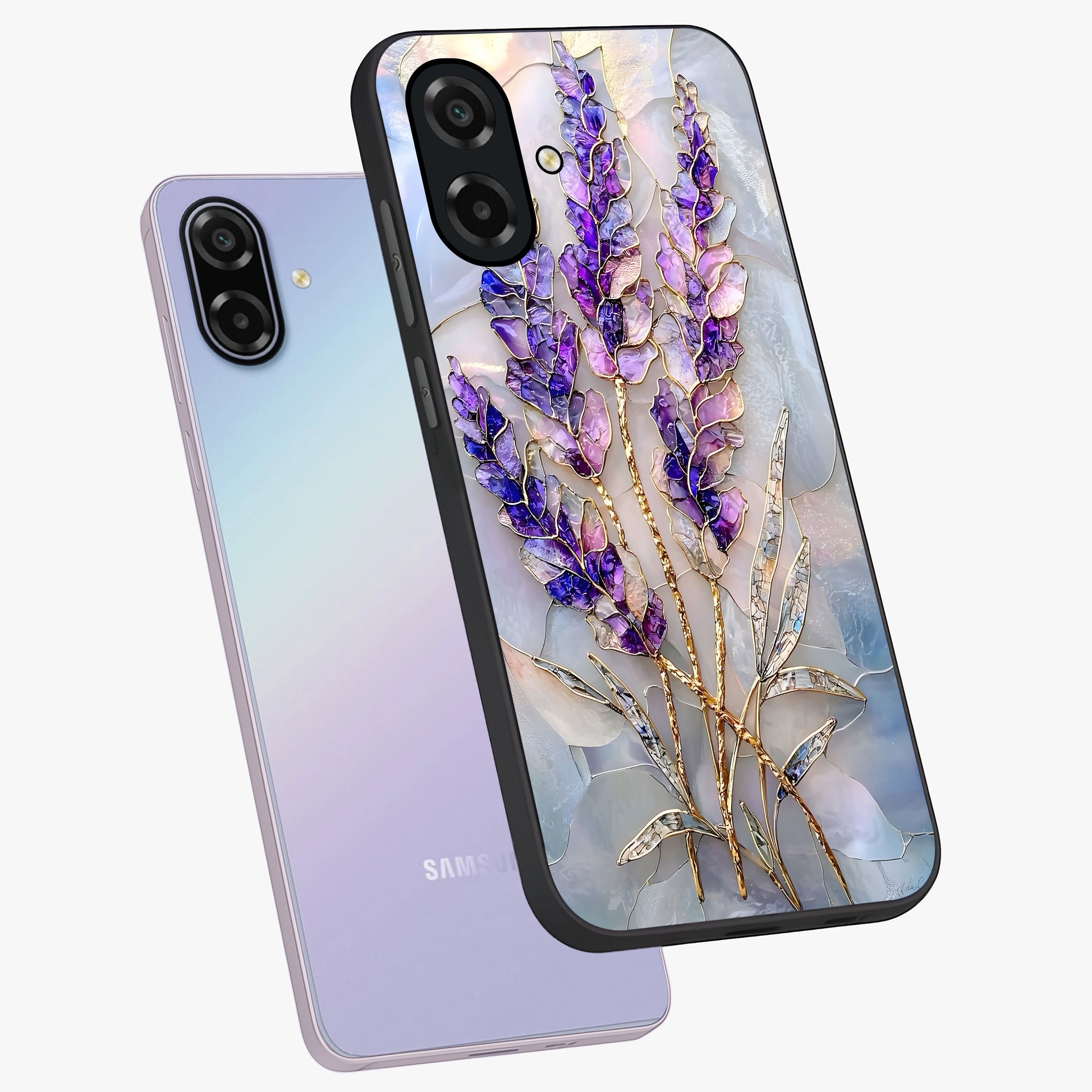 Lavender Dream Glow Glass Case displayed in angled mockup highlighting dreamy purple glow design with soft artistic style.