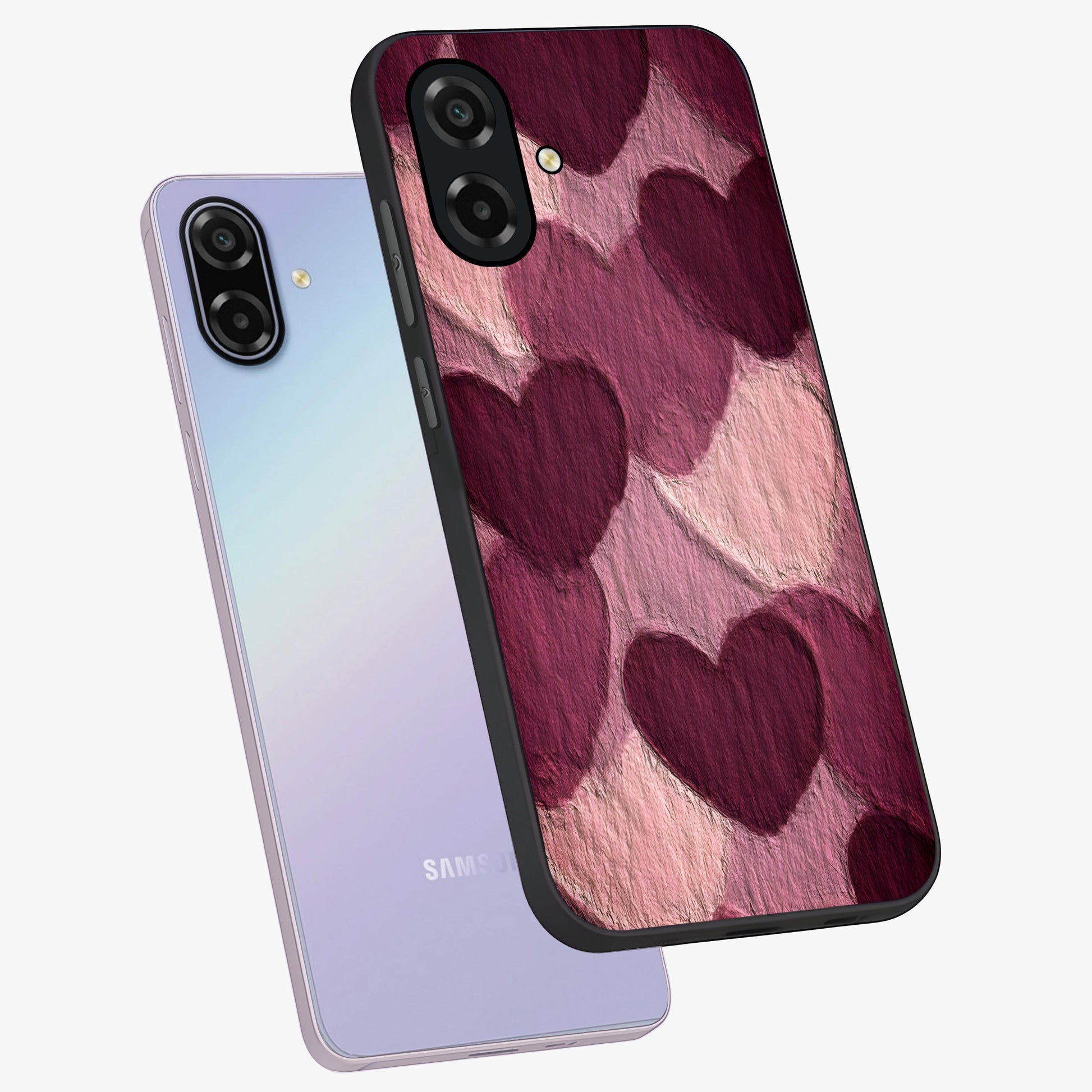 Layered Paper Hearts Glass Case displayed in angled mockup highlighting creative paper craft heart design with romantic aesthetic.