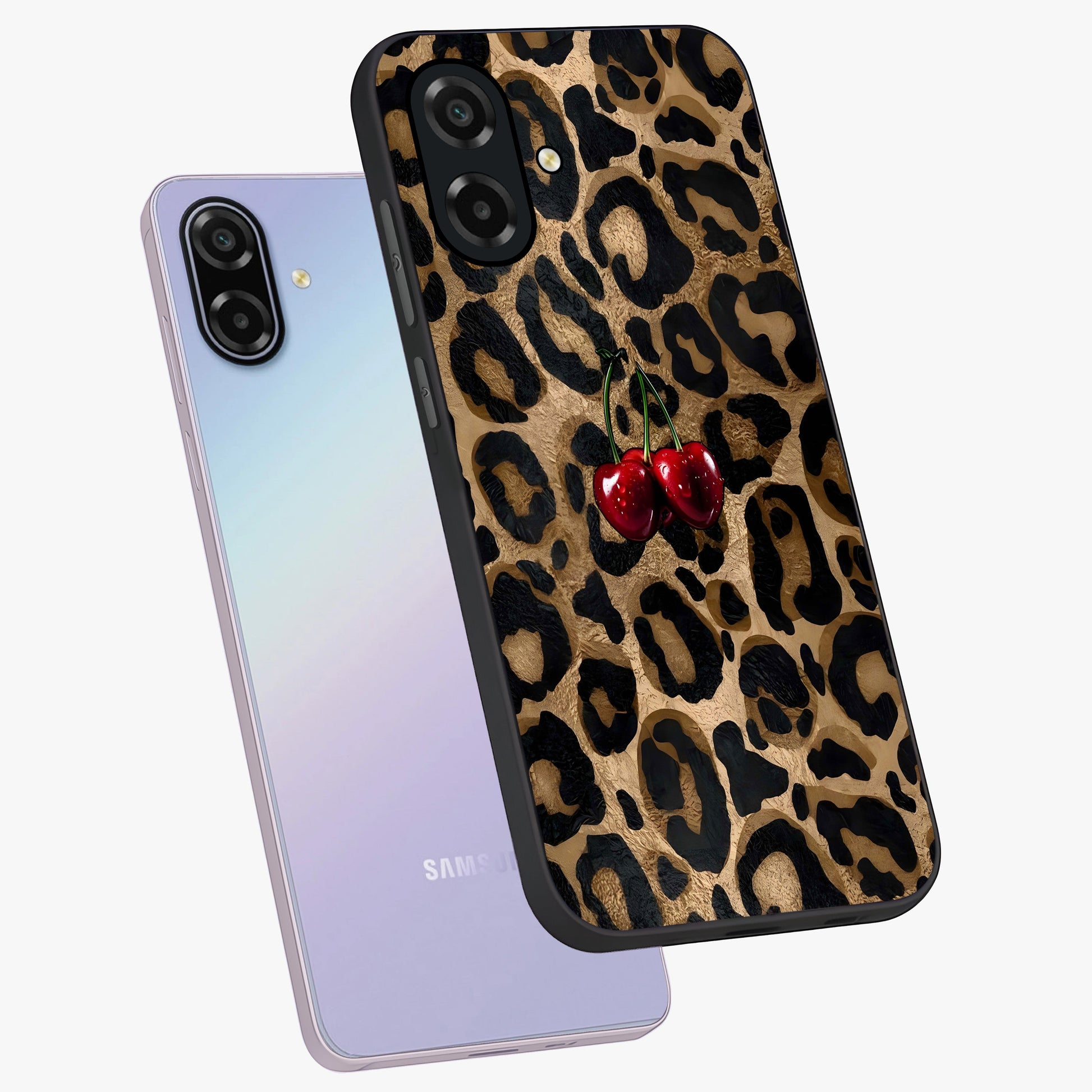 Leopard Wild Cherry Glass Case displayed in angled mockup highlighting bold animal print design with playful cherry aesthetic.
