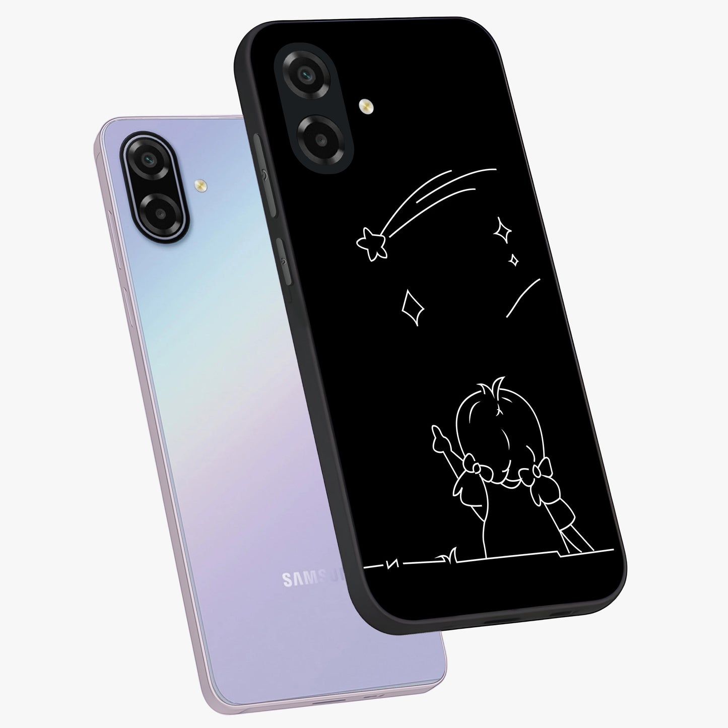 Line Art Girl With Shooting Stars Glass Case displayed in angled mockup highlighting elegant line art design with dreamy star aesthetic.