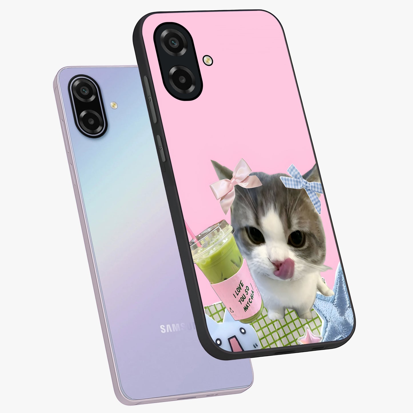 Love Matcha Cat Glass Case displayed in angled mockup highlighting playful feline illustration with cozy matcha aesthetic.