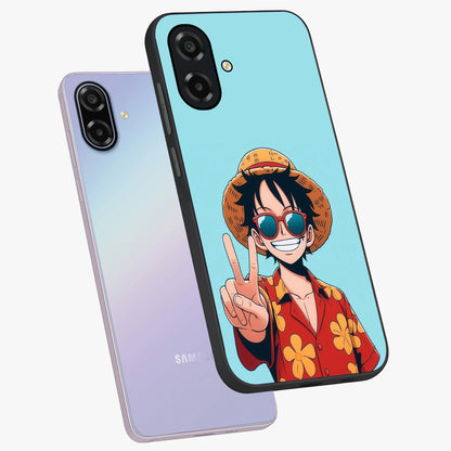 Luffy Summer Anime Vibe Glass Case displayed in angled mockup highlighting energetic anime illustration with summer vibe aesthetic.