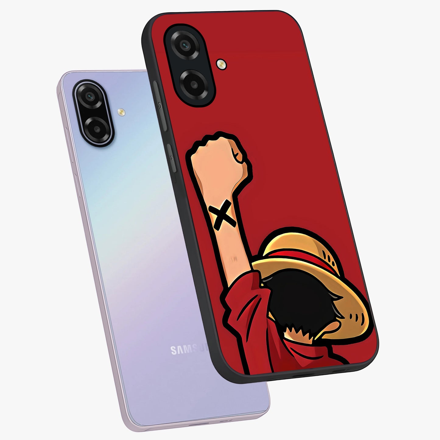 Luffy X Spirit Glass Case displayed in angled mockup highlighting powerful anime design with energetic action aesthetic.