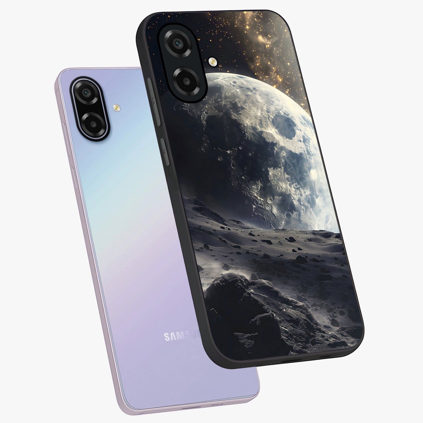 Lunar Horizon Glow Glass Case displayed in angled mockup highlighting celestial moon design with dreamy night aesthetic.
