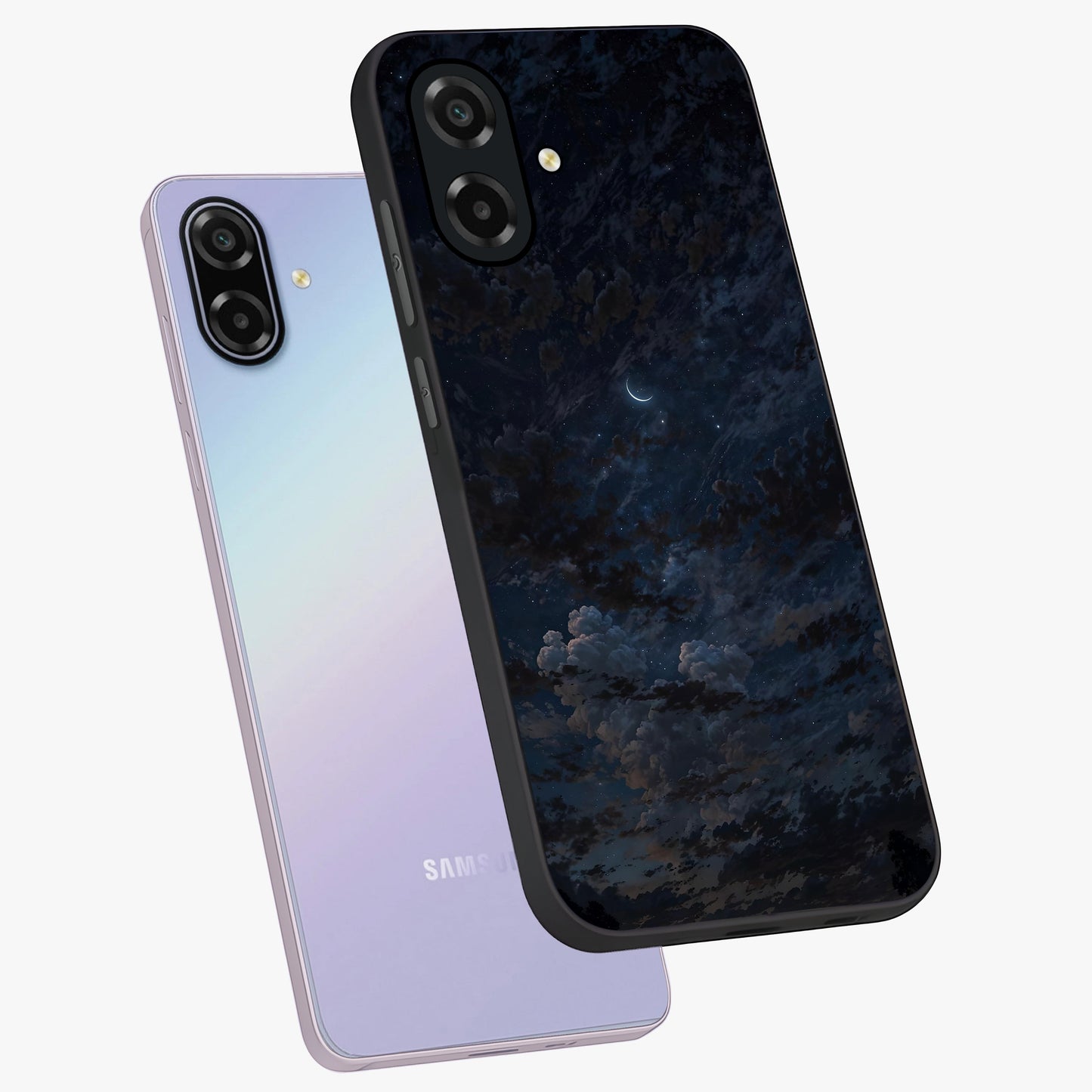 Lunar Veil Silence Glass Case displayed in angled mockup highlighting soft lunar design with peaceful celestial aesthetic.