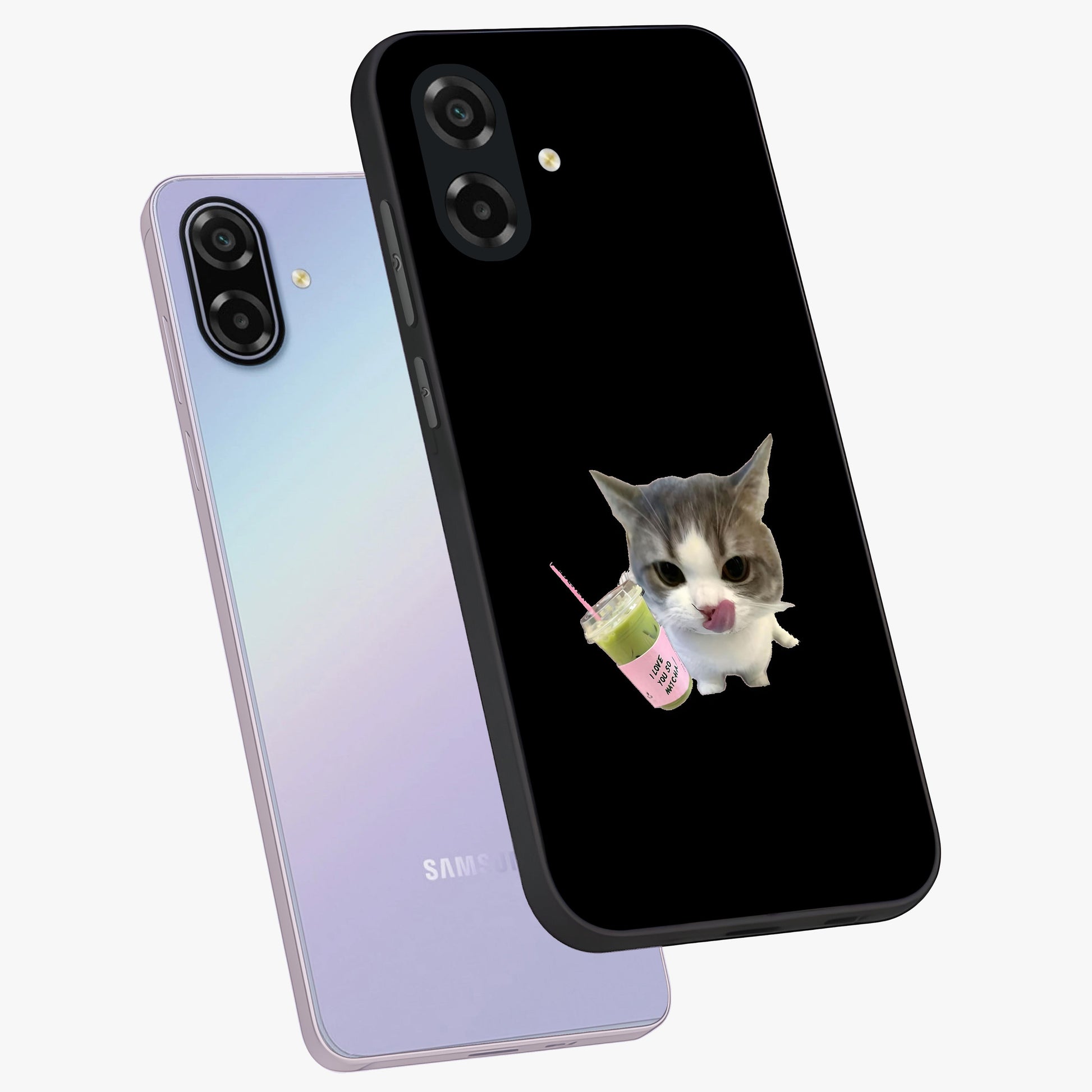 Matcha Cat Style Glass Case displayed in angled mockup highlighting playful feline design with pastel matcha aesthetic.