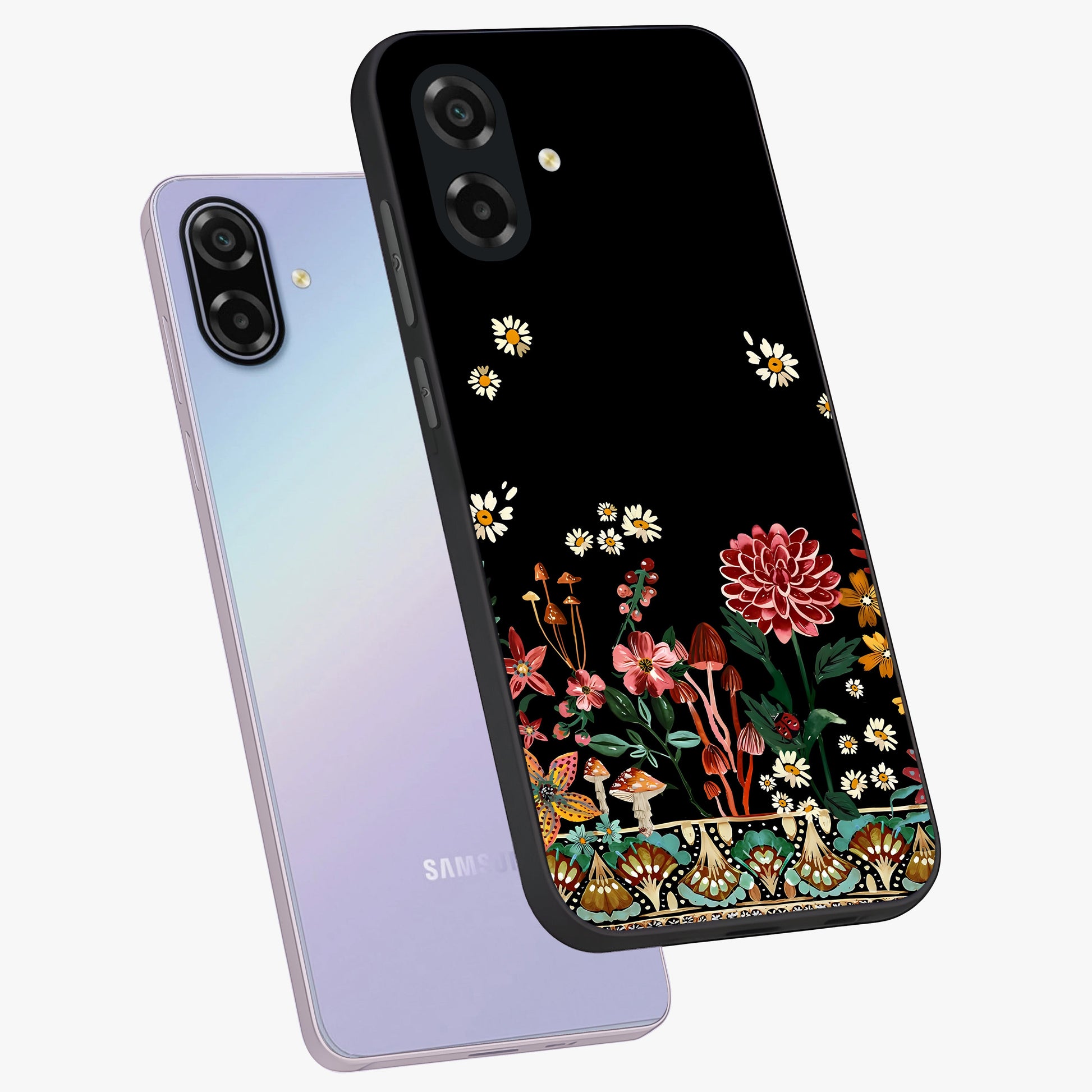 Midnight Bloom Pattern Glass Case displayed in angled mockup highlighting elegant flower design with midnight aesthetic style.