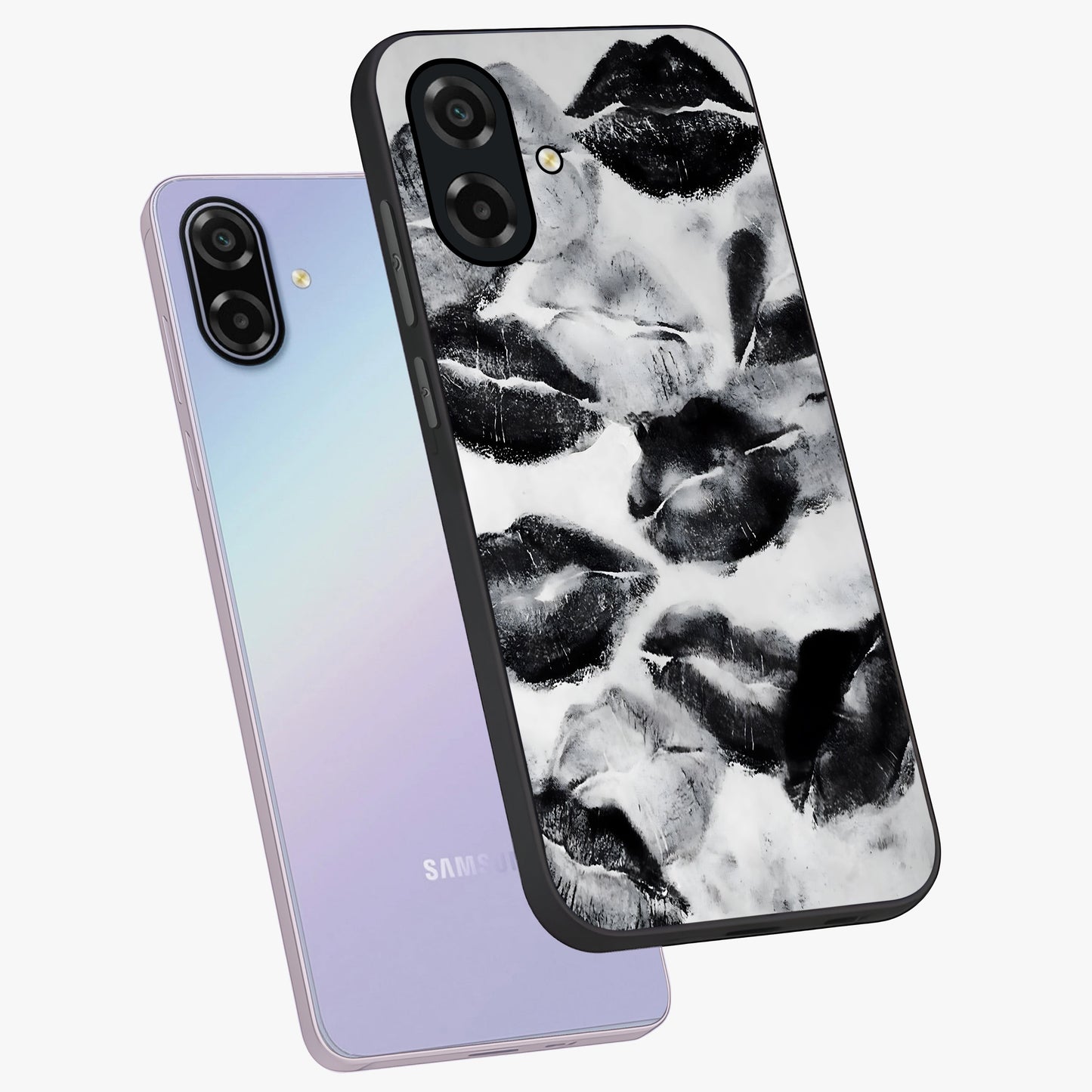 Midnight Kiss Marks Glass Case displayed in angled mockup highlighting playful romantic design with bold midnight aesthetic.