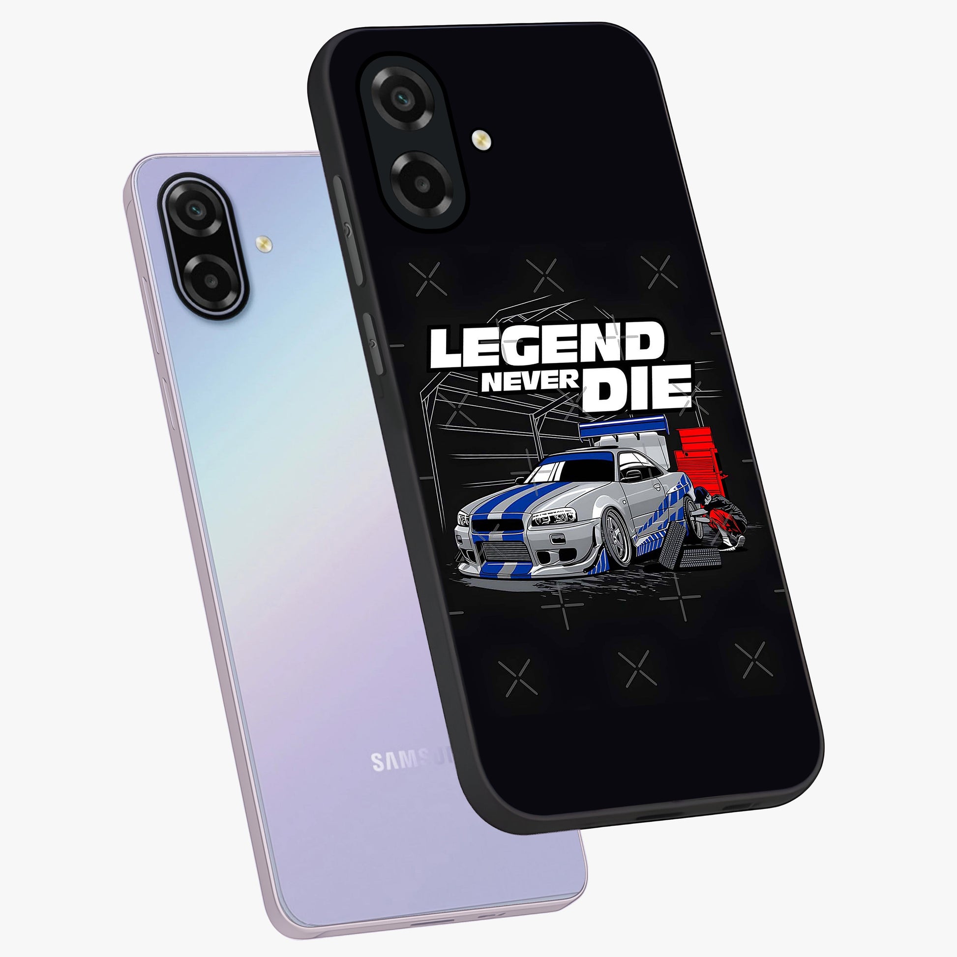 Midnight Racing Legacy Glass Case displayed in angled mockup highlighting dynamic automotive design with bold midnight aesthetic.