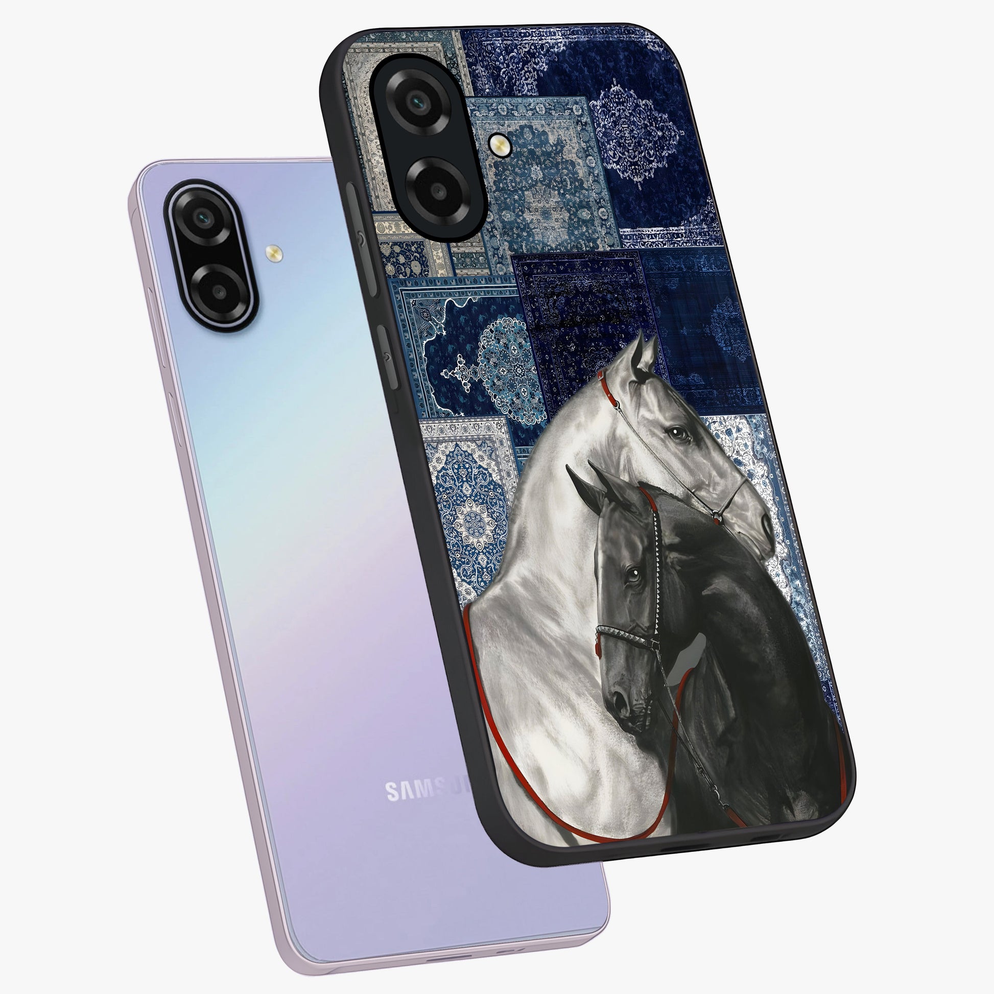 Midnight Stallion Blues Glass Case displayed in angled mockup highlighting powerful stallion illustration with deep midnight tones.