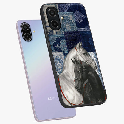Midnight Stallion Blues Glass Case displayed in angled mockup highlighting powerful stallion illustration with deep midnight tones.