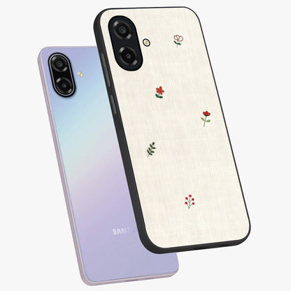 Minimalistic Blue With White Flower Pattern Glass Case displayed in angled mockup highlighting simple floral design with minimal aesthetic.