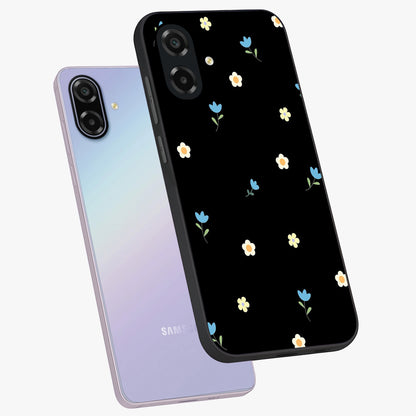 Minimal Petal Whispers Glass Case displayed in angled mockup highlighting delicate petal design with clean minimal aesthetic.