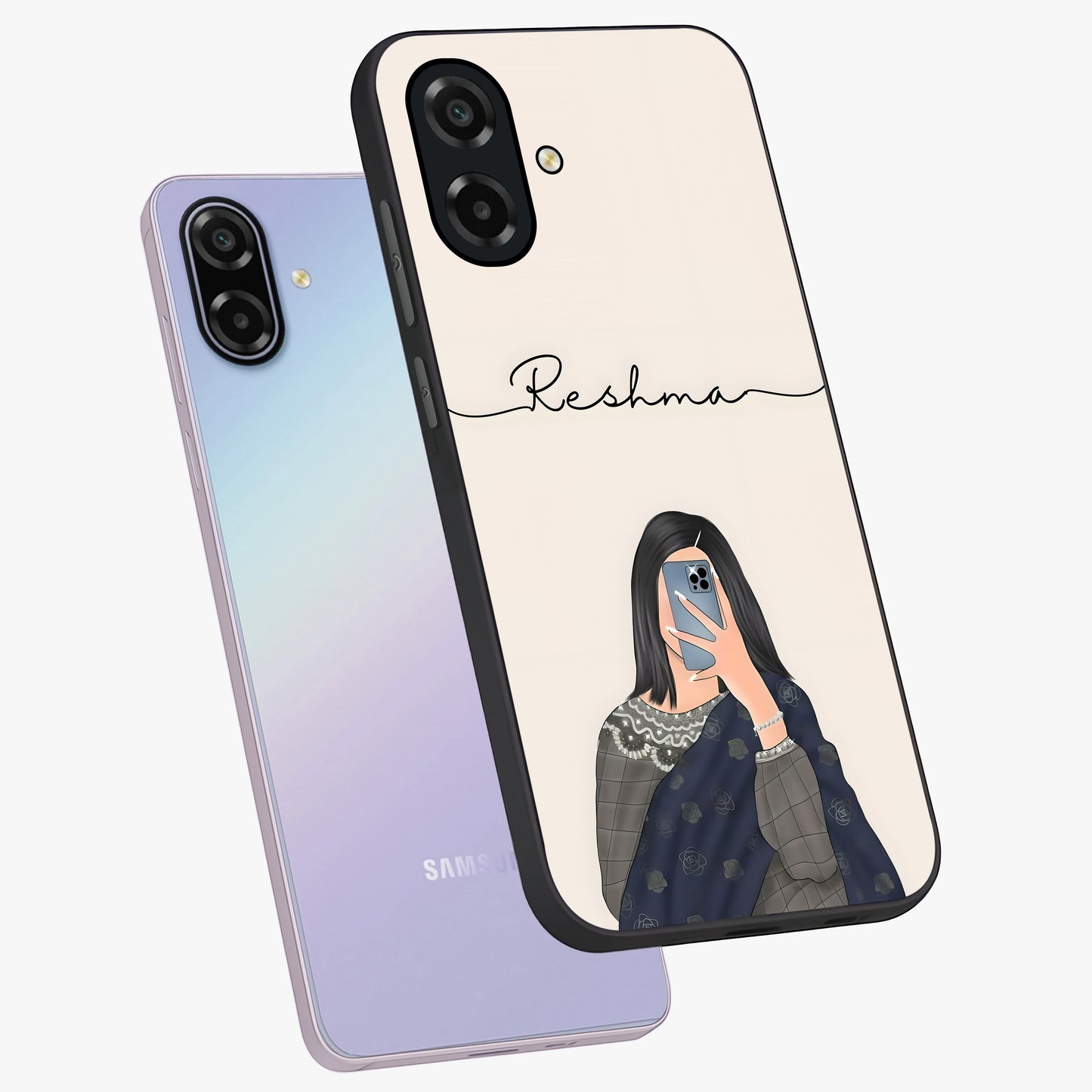 Mirror Mood Muse With Custom Name Glass Case displayed in angled mockup highlighting aesthetic mirror inspired design with custom name feature.