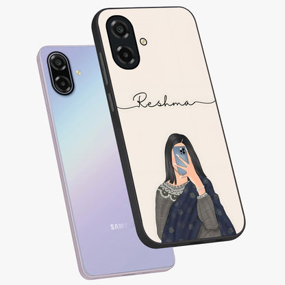 Mirror Mood Muse With Custom Name Glass Case displayed in angled mockup highlighting aesthetic mirror inspired design with custom name feature.