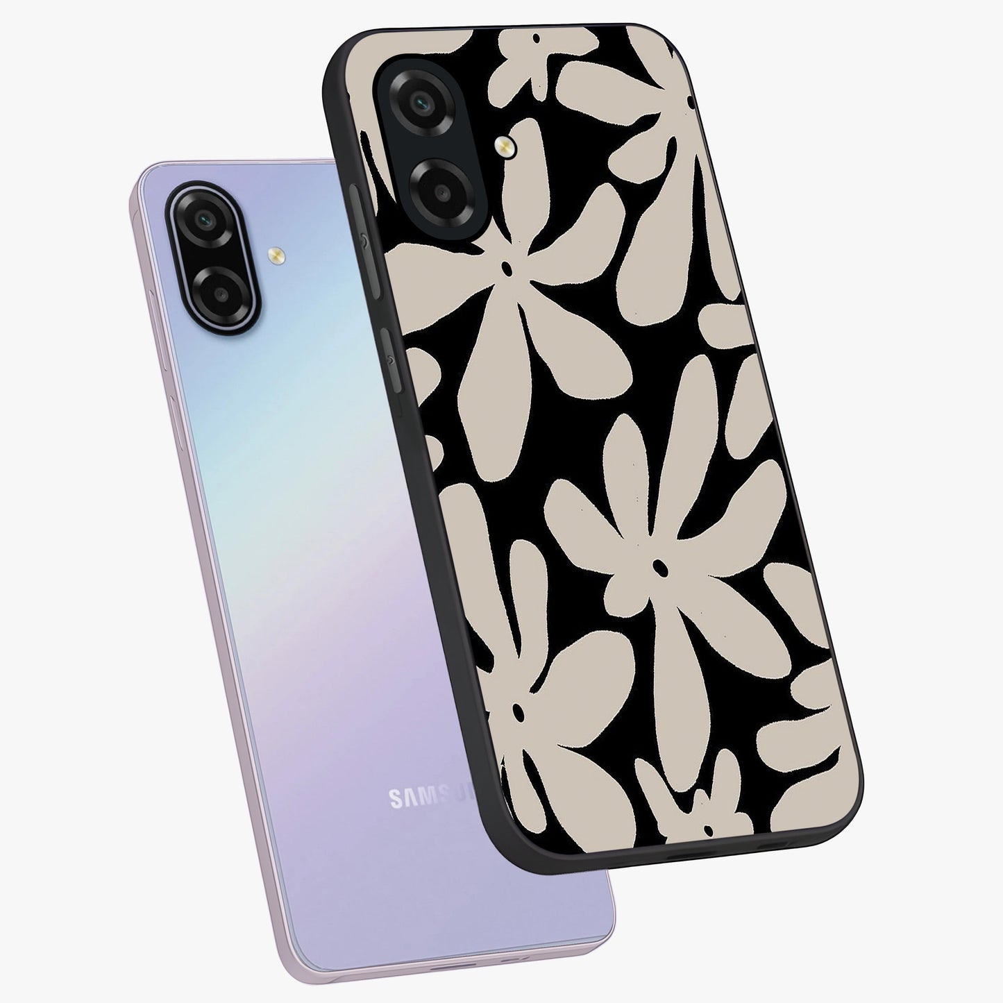 Monochrome Petal Dance Glass Case displayed in angled mockup highlighting elegant petal design with black and white aesthetic.