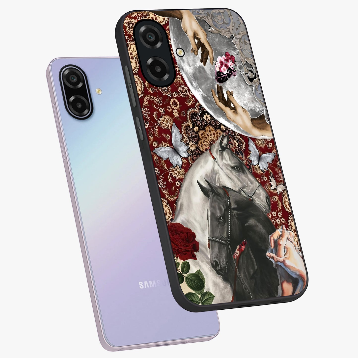 Moonlit Royal Stallion Glass Case displayed in angled mockup highlighting powerful stallion illustration with royal night aesthetic.