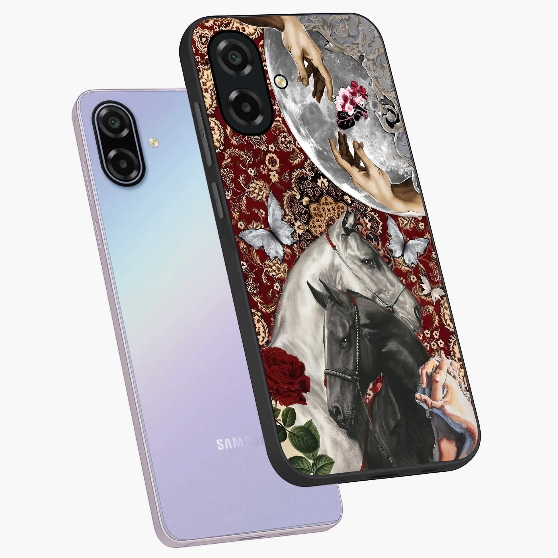 Moonlit Royal Stallion Glass Case displayed in angled mockup highlighting powerful stallion illustration with royal night aesthetic.