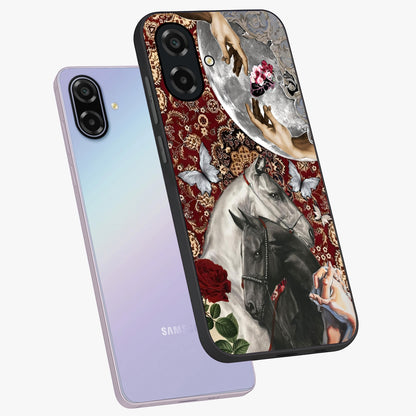 Moonlit Royal Stallion Glass Case displayed in angled mockup highlighting powerful stallion illustration with royal night aesthetic.