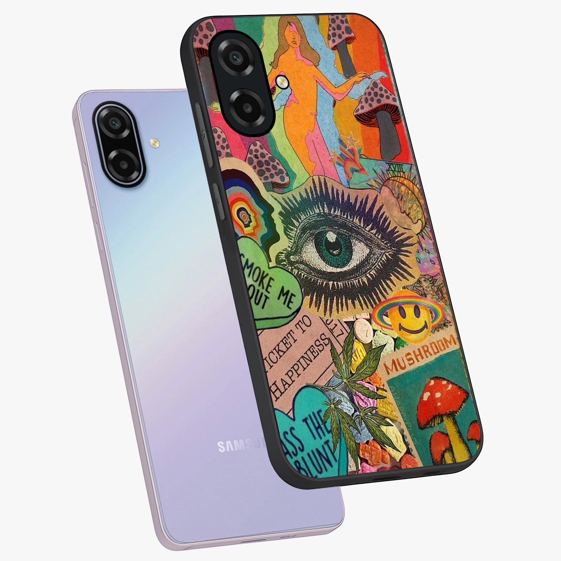 Mystic Eye Wonderland Glass Case displayed in angled mockup highlighting magical eye illustration with dreamy aesthetic.