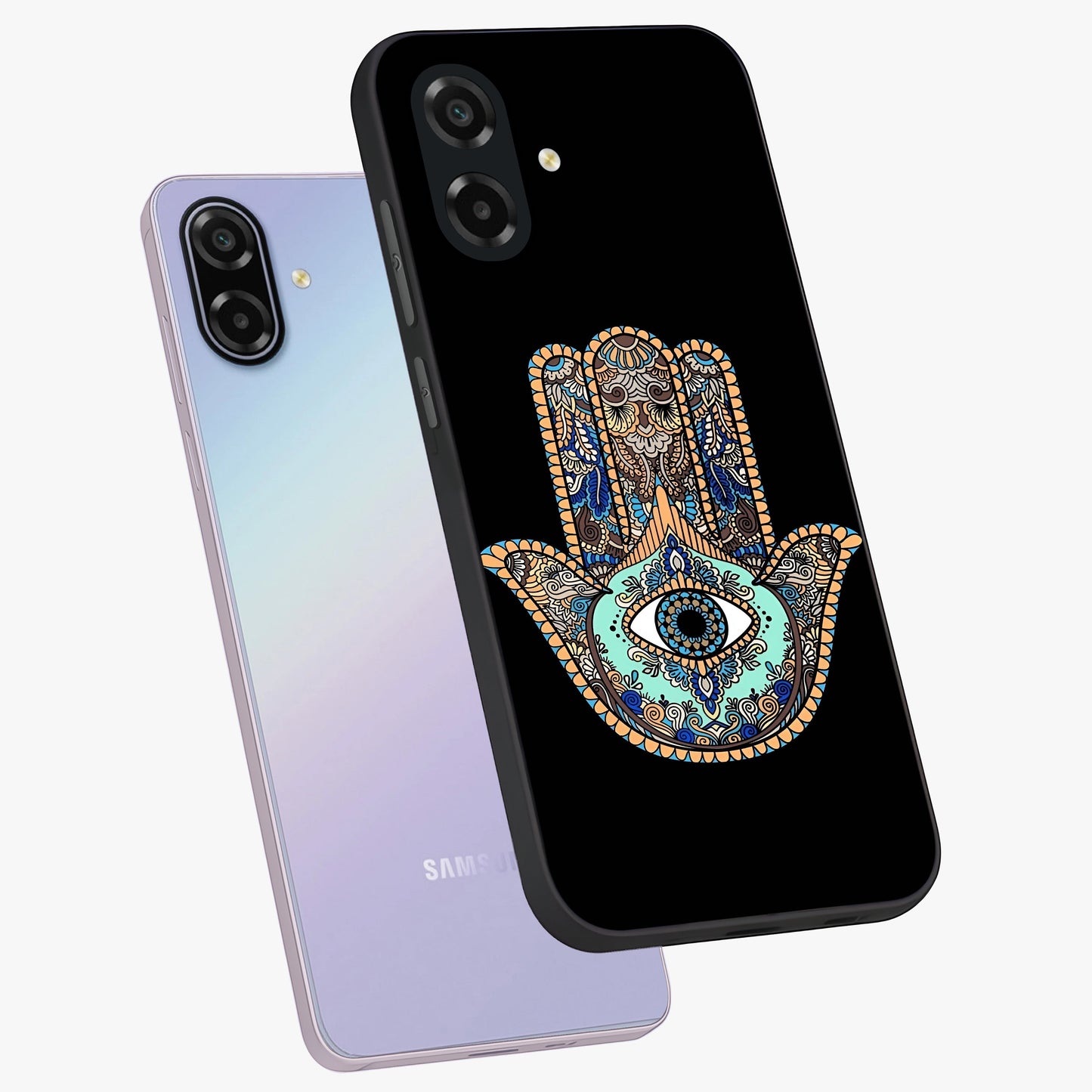 Mystic Hamsa Eye Glass Case displayed in angled mockup highlighting spiritual hamsa symbol with mystical aesthetic style.