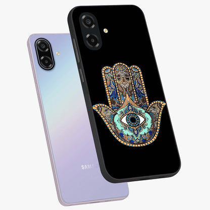 Mystic Hamsa Eye Glass Case displayed in angled mockup highlighting spiritual hamsa symbol with mystical aesthetic style.