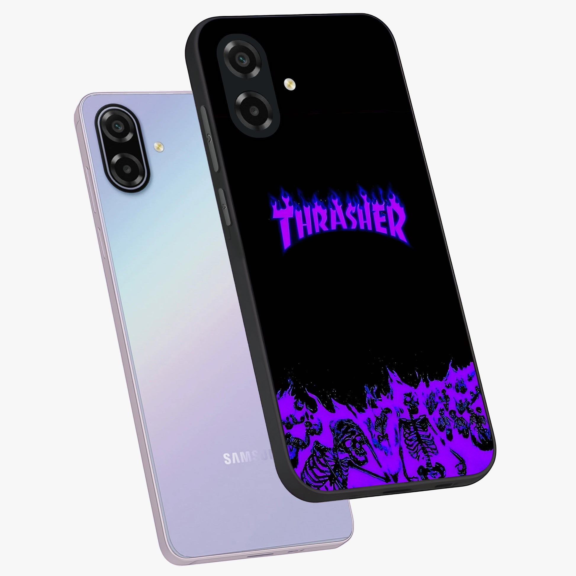 Neon Flame Riot Glass Case displayed in angled mockup highlighting glowing flame design with vibrant neon aesthetic.