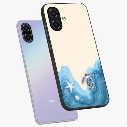 Ocean Drift Turtle Glass Case displayed in angled mockup highlighting peaceful ocean turtle illustration with marine aesthetic.