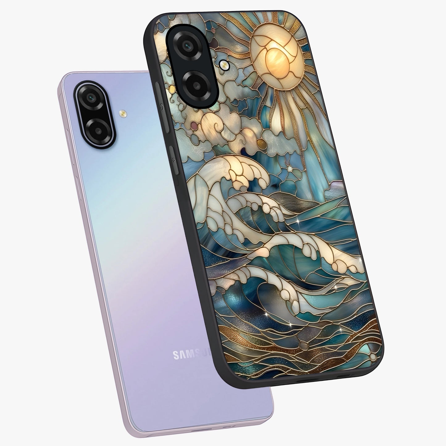 Oceanic Stained Printed Glass Case displayed in angled mockup highlighting colorful aquatic design with artistic aesthetic style.