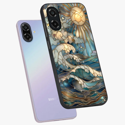 Oceanic Stained Printed Glass Case displayed in angled mockup highlighting colorful aquatic design with artistic aesthetic style.