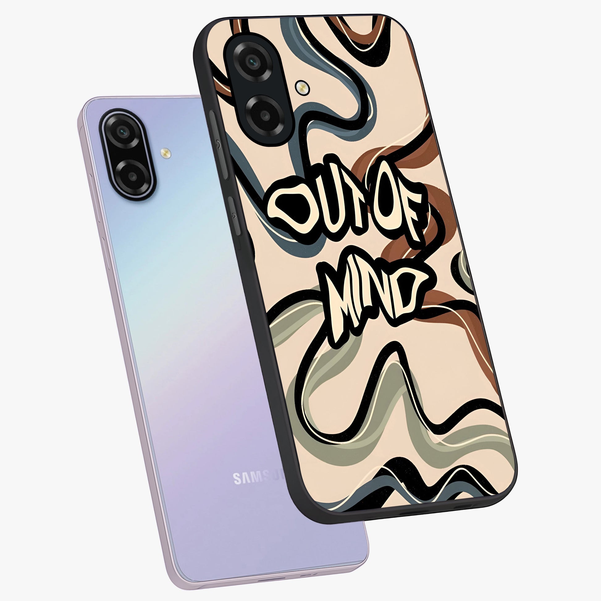 Out Of Mind Glass Case displayed in angled mockup highlighting bold statement design with modern artistic aesthetic.